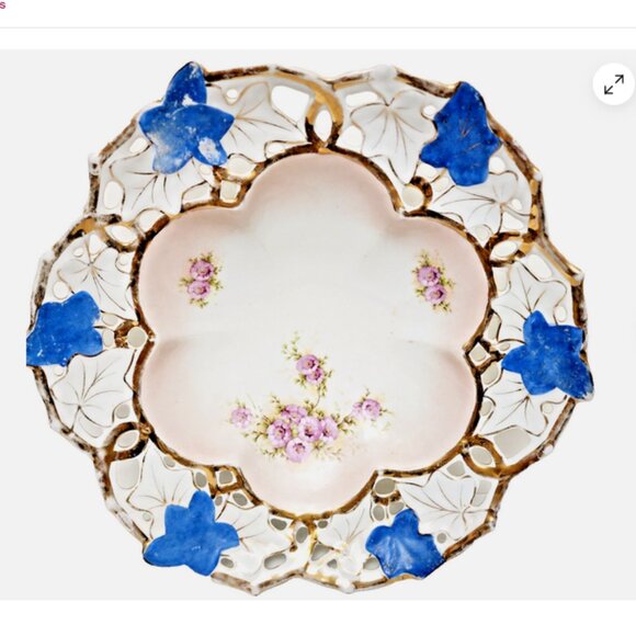 Antique 3578 Hand Painted Pierced Porcelain Bowl w/Gold Leaf Detail Decor Dish - Picture 5 of 7